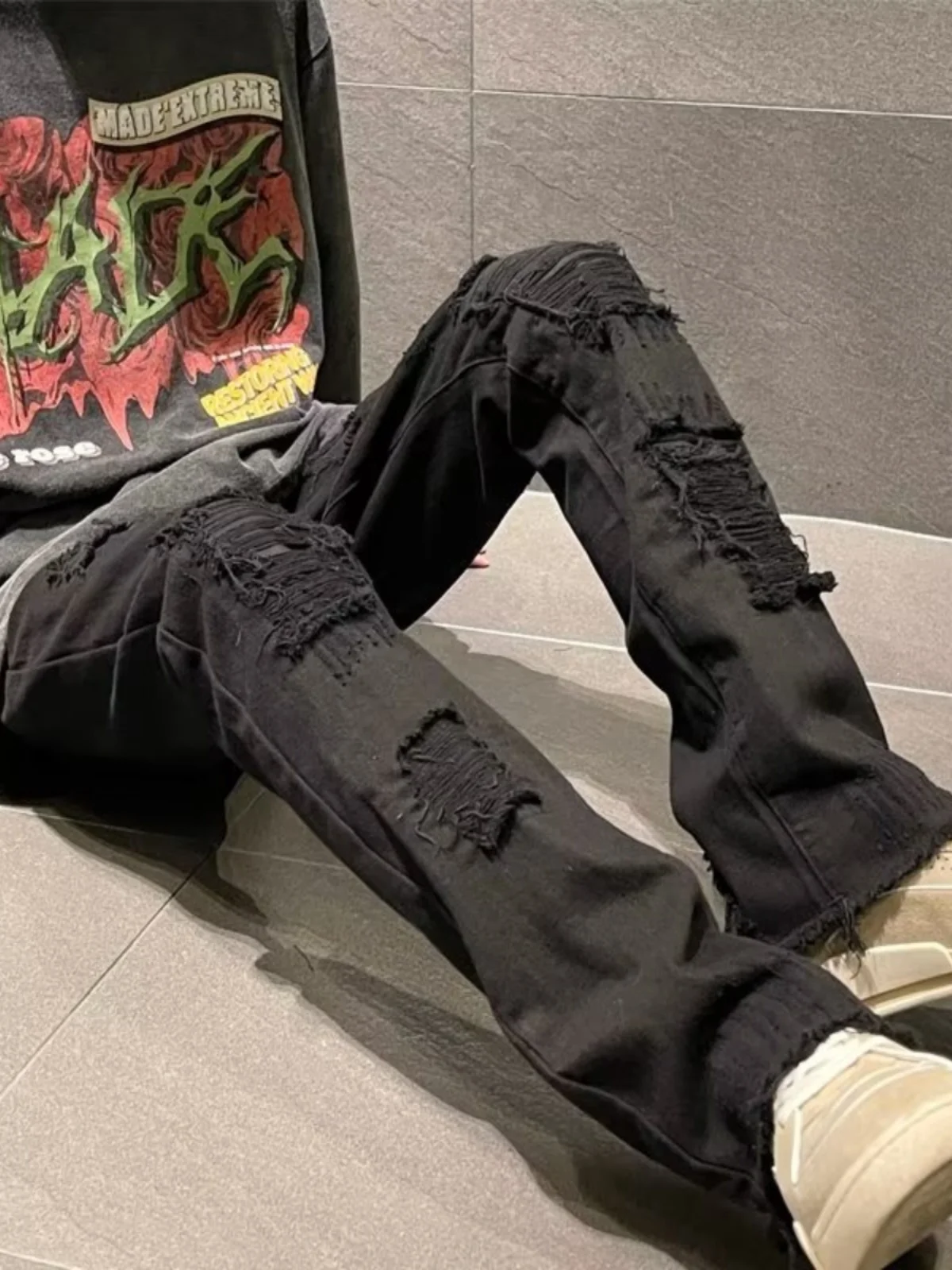 

Ripped Loose Straight Leg Jeans Men's Spring American High Street Vibe Trendy Brand Large Size Vintage Wide Leg Long Pants