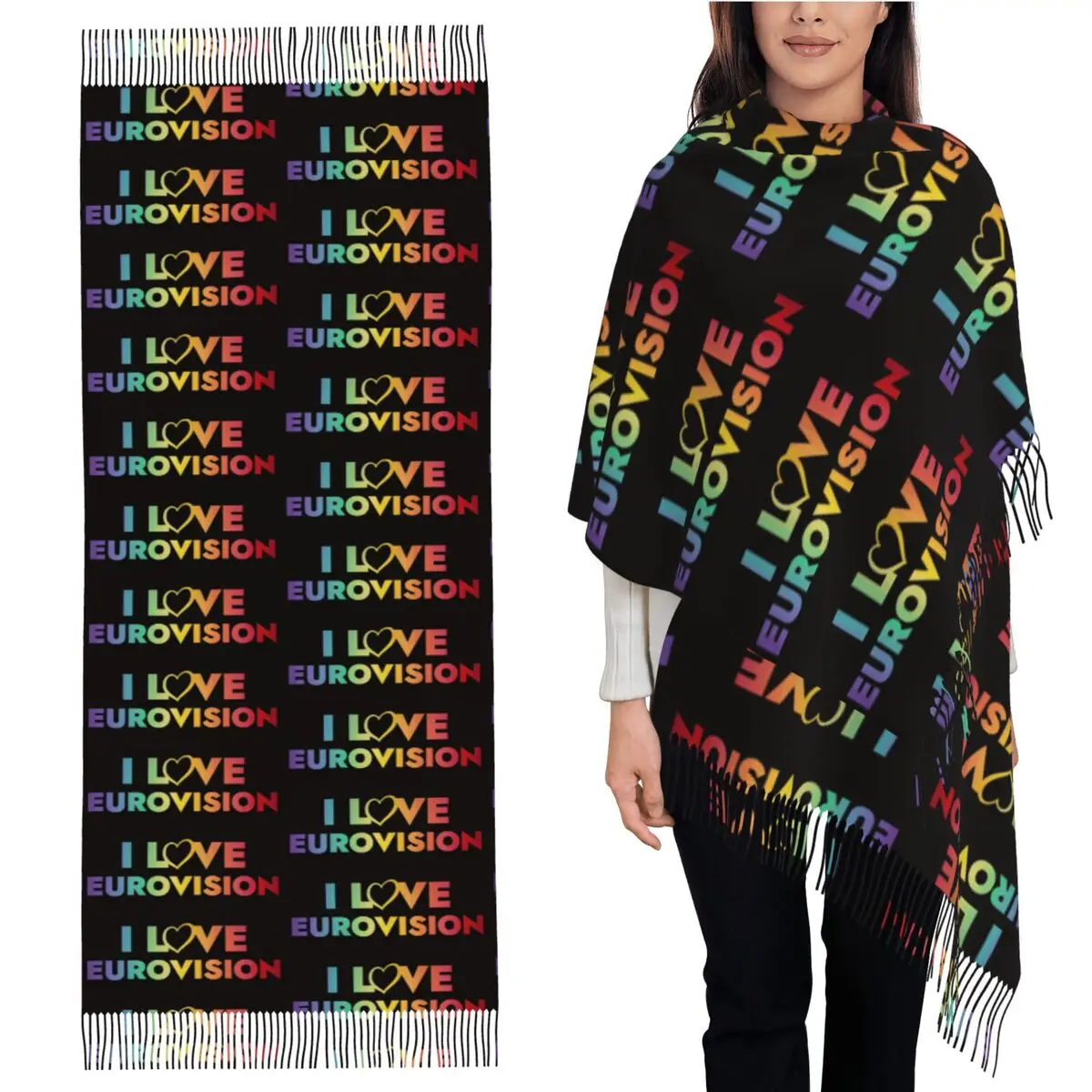

Я люблю Евровидение - шарф с радужным узором, шарфы с кисточками, женские мягкие теплые шали и накидки, большая осенне-зимняя шаль