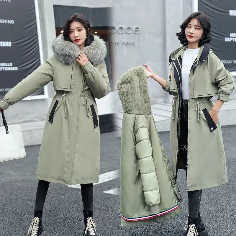 2023 New Women\'s Thick Warm Fur Lining Long Parkas Winter Jacket Fur Collar Hooded Coat Casual Detachable Parkas Mujer