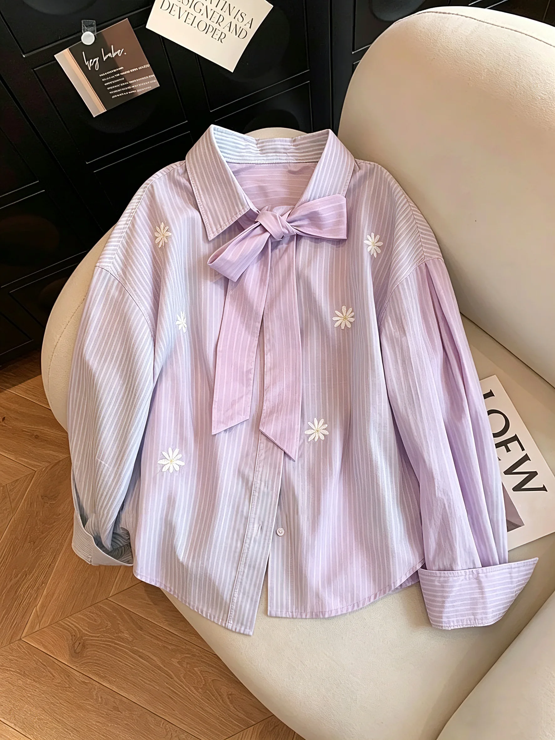 

Casual Loose Floral Knot Shirt Men Women Spring Autumn Korean Style Versatile Loose Fit Top Gentle Purple Flowers