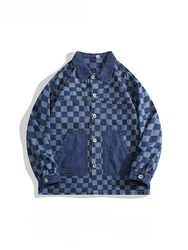 Men's Checkerboard Plaid Pocket Lapel Denim Jacket Trendy High Street Niche Versatile Casual Loose High-end Single-breasted Coat