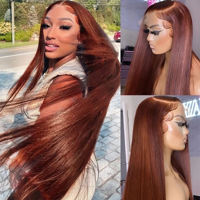 Reddish Brown 13x4 Lace Front Human Hair Wig Bone Straight 13x6 HD Lace Frontal Wig Pre Plucked 4x4 Closure Dark Red Brown Wig