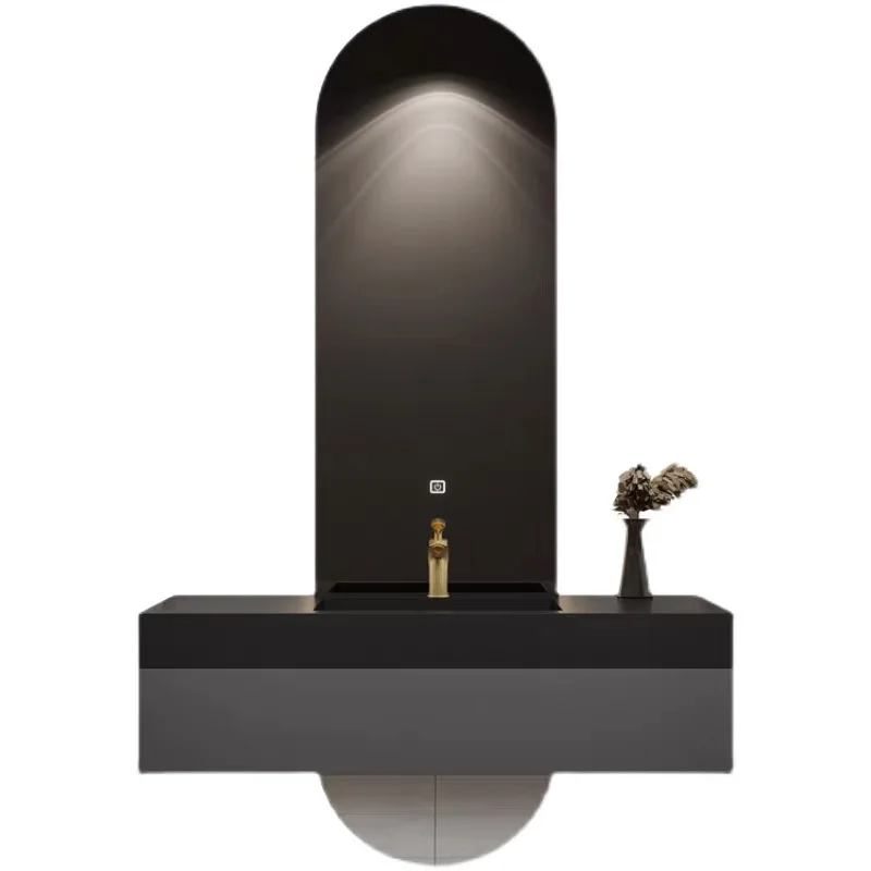 

Modern style artificial stone top hotel luxury solid wood wall-mounted black bathroom cabinet vanity set