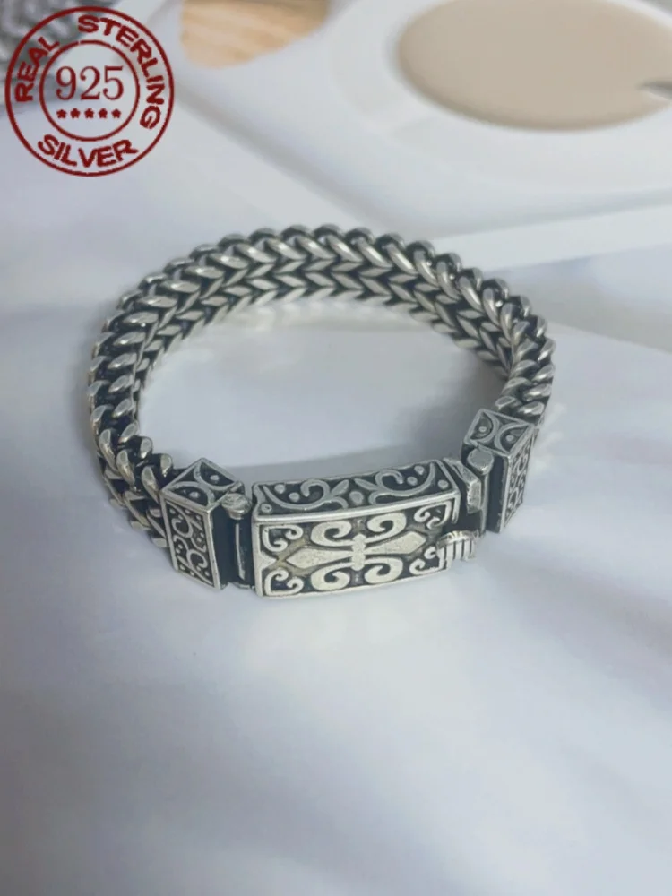 Auspicious cross flower rattan pattern chain pure hand-woven S925 sterling silver bracelet men overbearing retro fashion gift