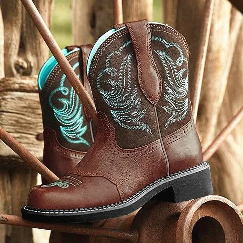 Botas de vaquero para mujer, botas individuales bordadas a media pantorrilla, botines cómodos con forro de malla para mujer, botas occidentales Retro con punta redonda para mujer