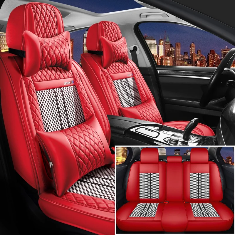 

3D Diamond Pattern Car Seat Covers With Head and waist pillow, PU Leather Ice Silk Fabric, Full Wrap Soft Breathable Durable