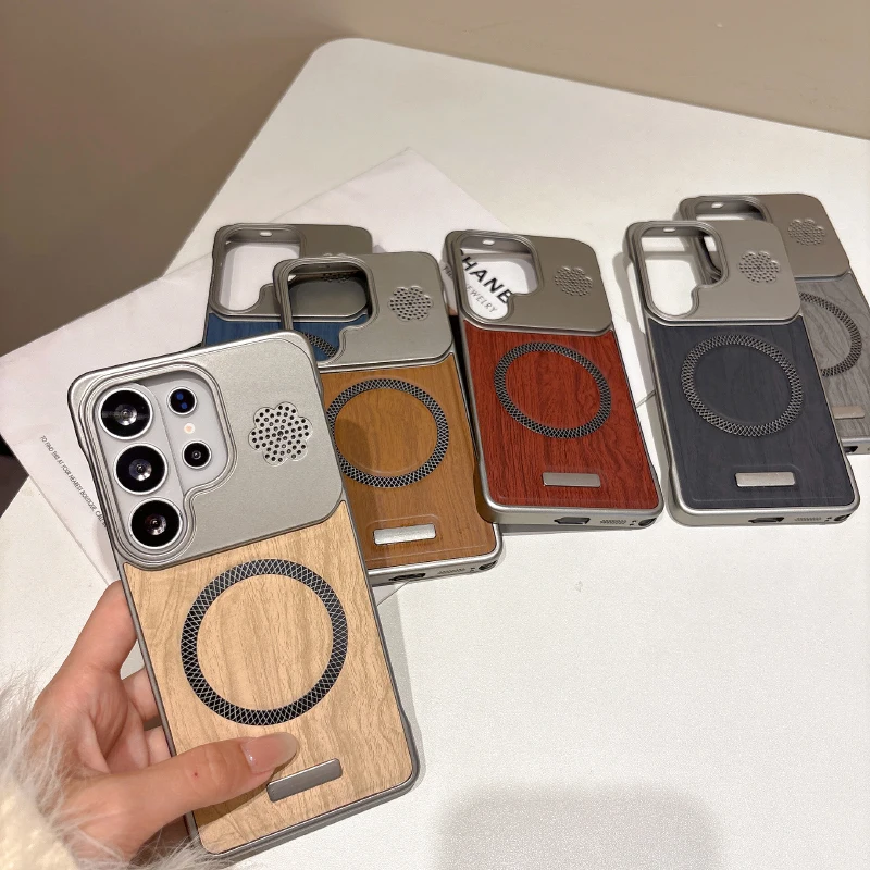 For Magsafe Hard PC+Wood Grain PU Leather Phone Case For Samsung S26 Ultra S24 S22 S23 S25 Ultra Plus FE A57 A56 A55 A37 A36 A35