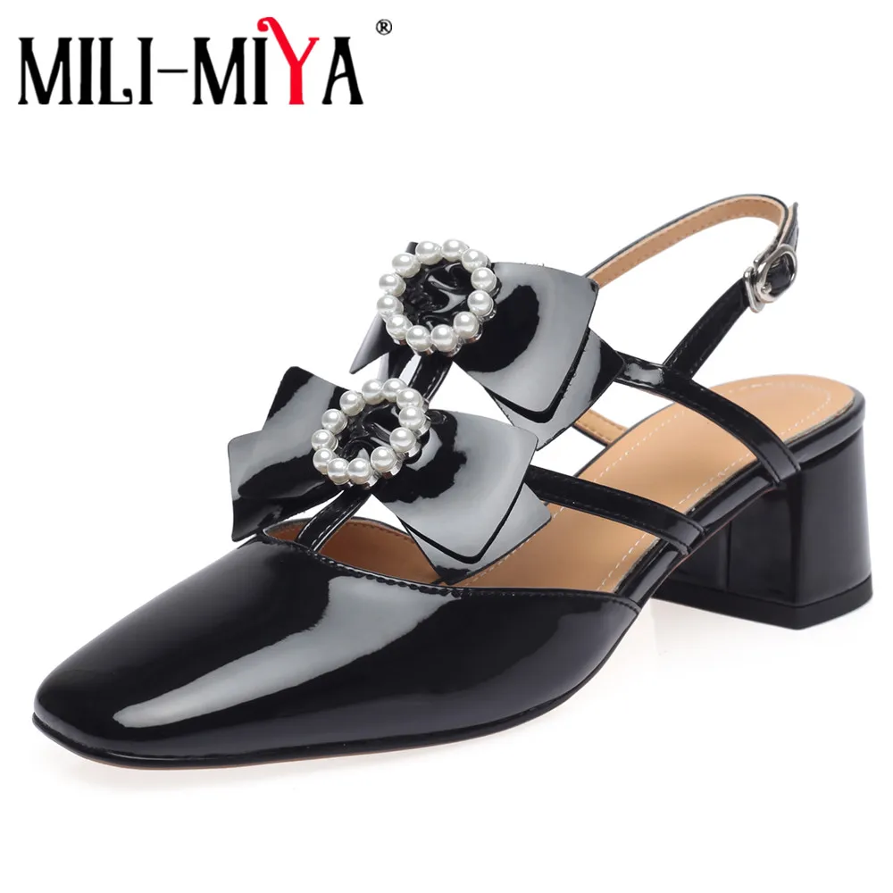 

MILI-MIYA New Arrival Women Cow Leather Sandals Butterfly Knot Round Toe Slingback Thick Heels Buckle Strap Dress Party Summer