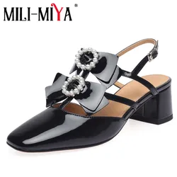 MILI-MIYA New Arrival Women Cow Leather Sandals Butterfly Knot Round Toe Slingback Thick Heels Buckle Strap Dress Party Summer