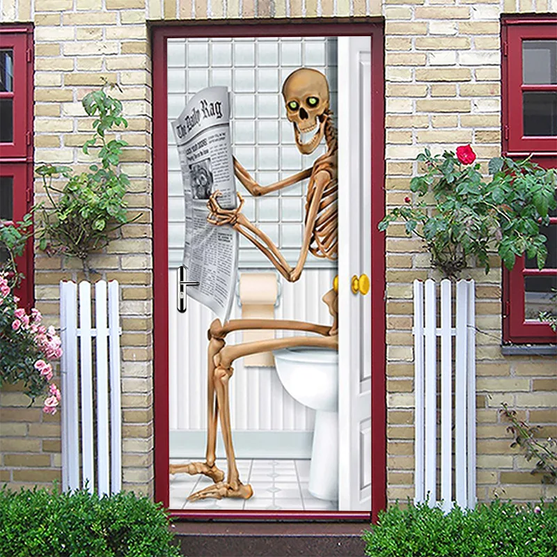 Halloween decorations, props, skeletons, horror bombs, and posters on the doors of the day of the dead