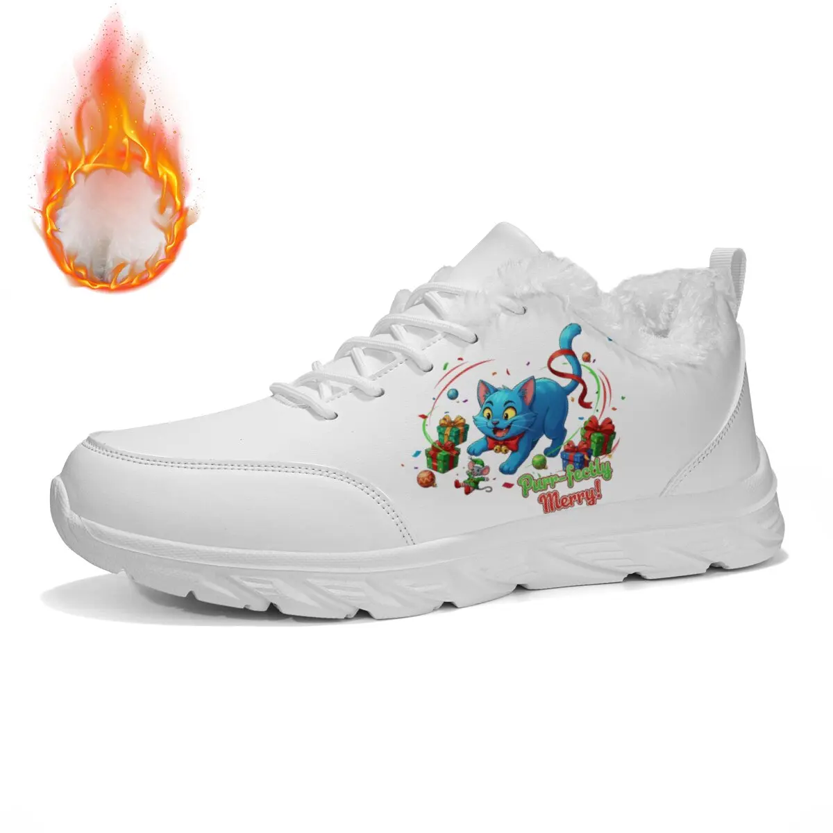 

Casual Sports Shoes for Both Men Women White Fur Lined Winter Sneakers With Cartoon Blue Cat Christmas Gifts Pattern Graffiti