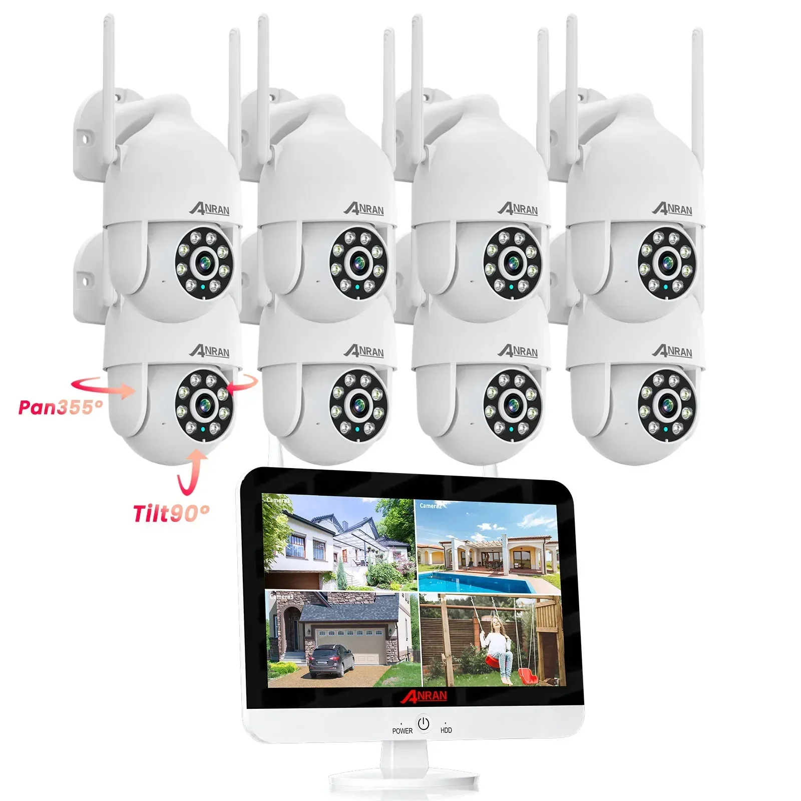 

ANRAN Outdoor Nvr 8ch System with 12inch Screen Wireless Auto Tracking Ptz Rotate Home CCtv Wifi Camera