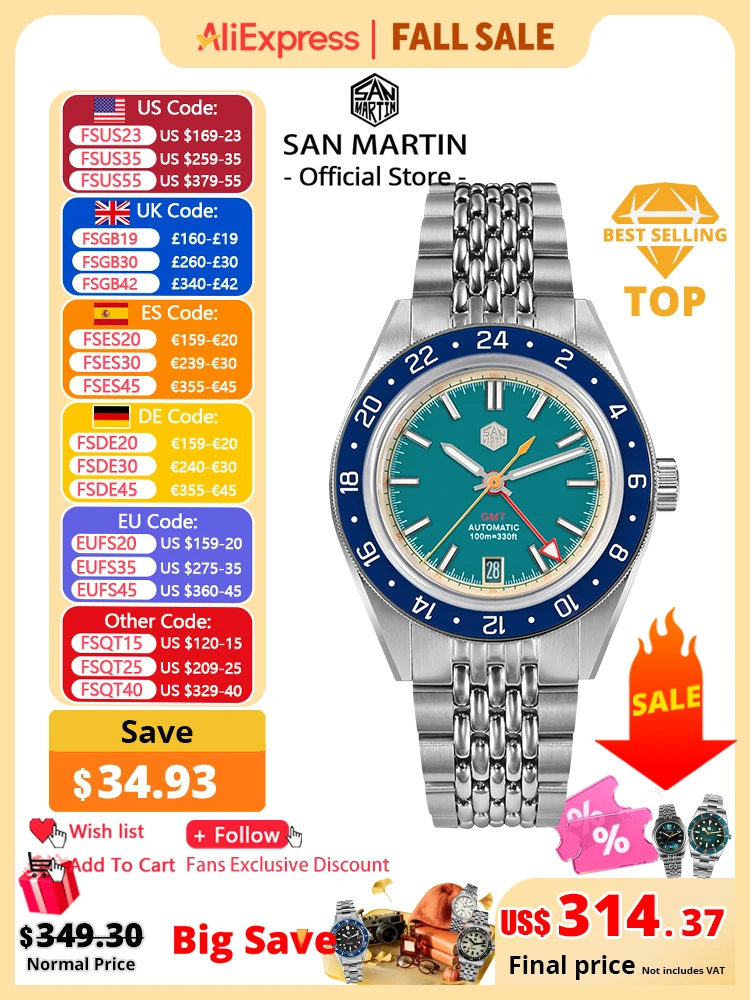 San Martin Original Design Fashion GMT 39.5mm Men Sports Watch Japan NH34 Automatic Mechanical Waterproof 100m SN0116 Reloj