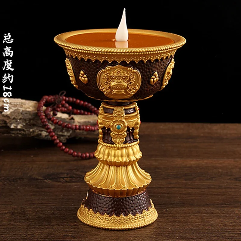 Electric Copper Tibetan Butter Lamp, Rechargeable Alloy, Buddhism Fist Candle Light, Warm White LED, Thailand Altar Lamp, 20cm