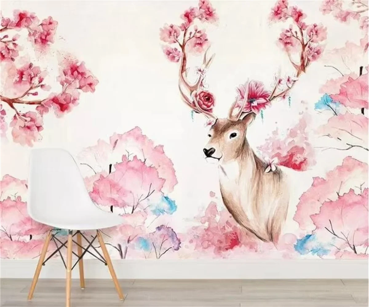 

Custom wallpaper photo watercolor cherry tree deer garden home decor living room bedroom wall murals 3d wallpaper papel tapiz