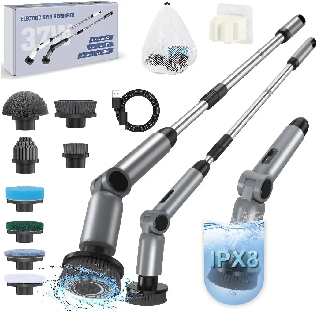 

Электрический скруббер, водонепроницаемость IPX8, крутящий момент 50 кг, 9 насадок, 2 скорости, регулируемые углы наклона для уборки ванной комнаты