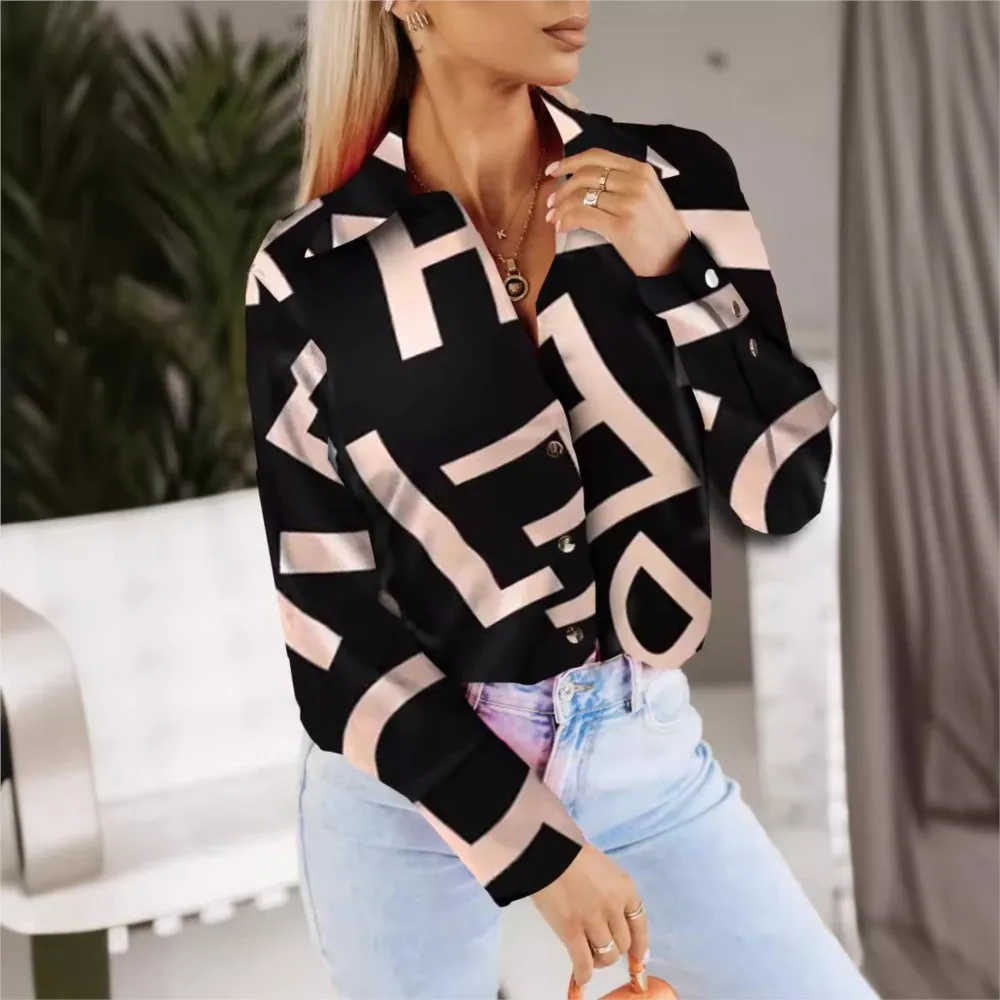 2024Casual Long Sleeve Lapel Slim Tops Women Fashion Commute Chic Clothes Blusas Office Ladies Multicolor Printed Blouses Shirts