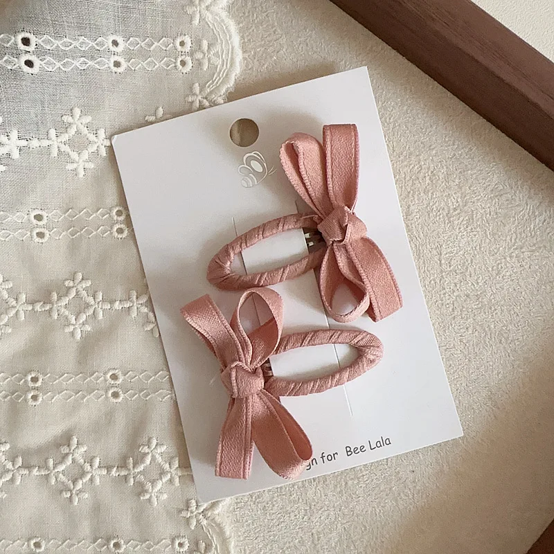 2pcs/set Children Elegant Princess Baby Hair Clip Beige Pink Leaf Style Bang Side Clip Cotton Belt Bow Girls Hair Accessories