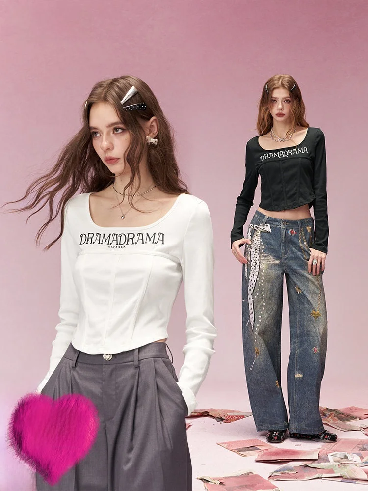 

Сладкая и пикантная белая футболка с U-образным вырезом и длинными рукавами, женская, для ранней весны, облегающая, из смеси хлопка и полиэстера, удобный топ