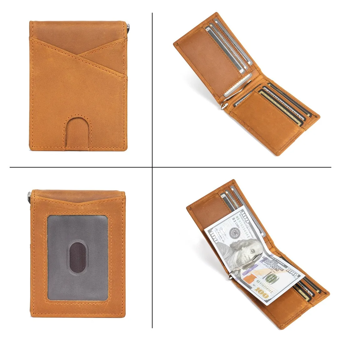 Crazy Horse Skin Vintage Style Wallets Slim Multi-Card Bifold Purse with RFID Protection Short Wallets | Men’s Dollar Money Clip