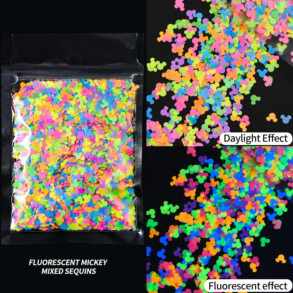 10 g/borsa fluorescente testa di Topolino glitter per unghie paillettes 3D colori misti a forma di stella a cinque punte, decorazione per unghie in scaglie di design di Topolino