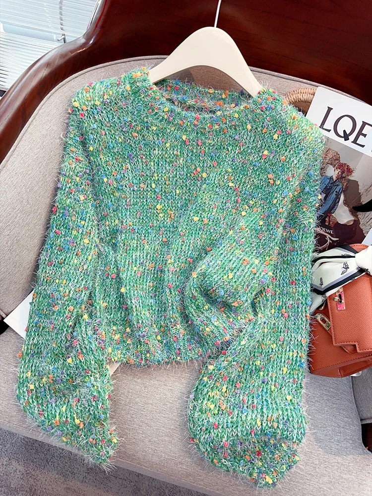 Short Sweater Women's Autumn and Winter Mohair Soft Glutinous Rainbow Knitted Pullover Top Female Knitwear Jumpers E4467