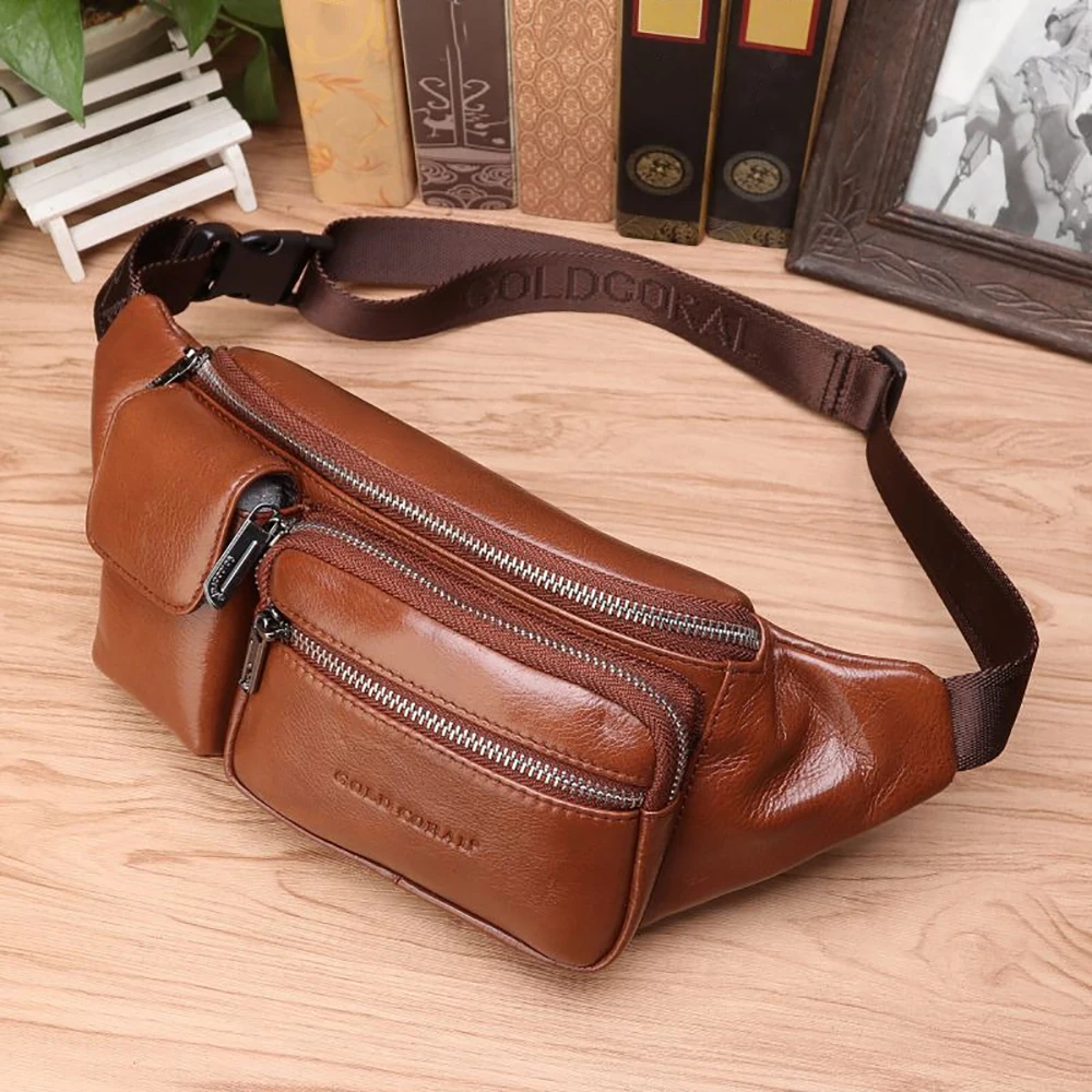 Oryginalne skórzane męskie saszetki biodrowe z wieloma kieszeniami podróżne Retro Natural Skin Cowhide Męska torba na biodra z paskiem na klatkę piersiową — zdjęcie 2