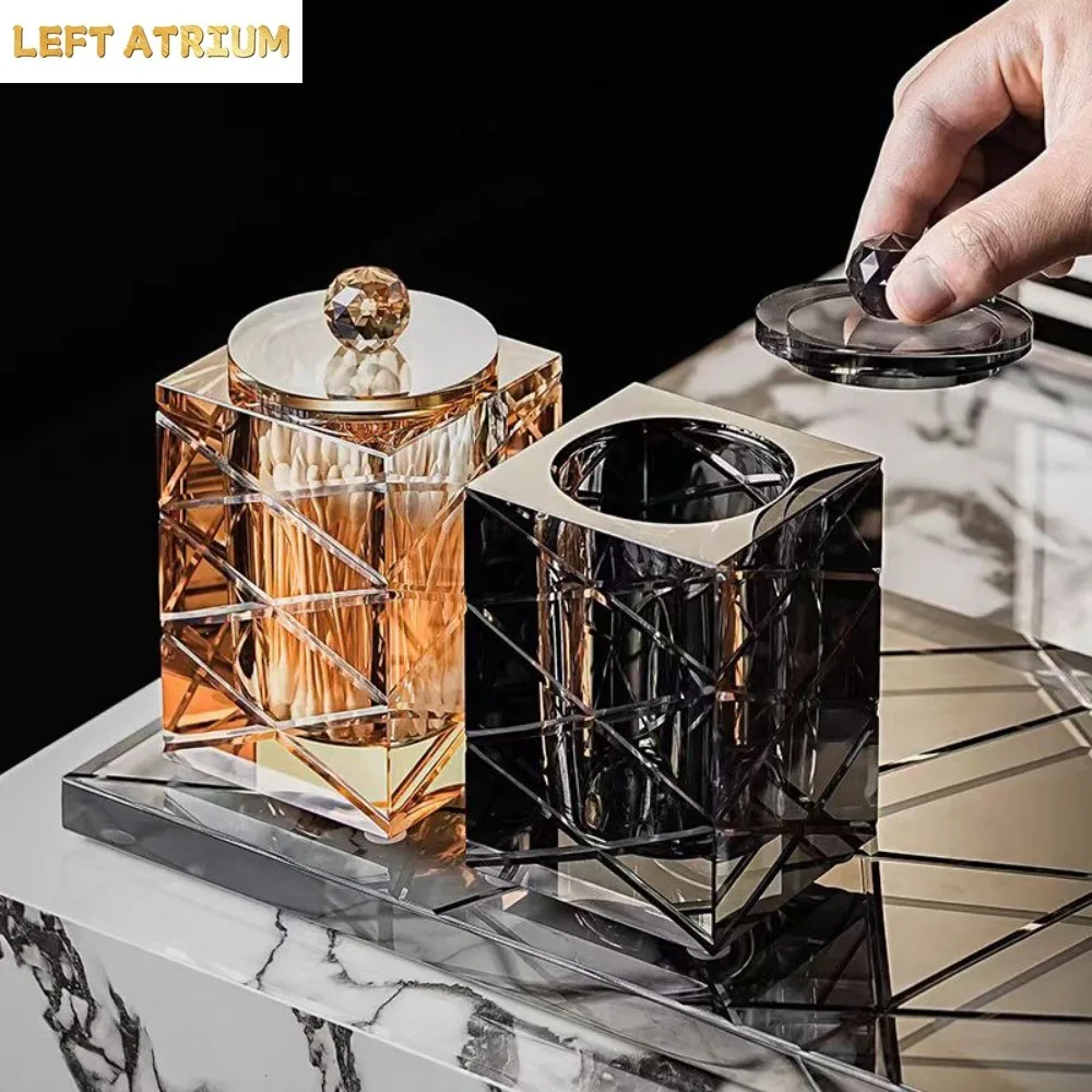 Crystal Glass Carved Cotton Swab Box Storage Jar Hotel Bathroom Countertop Storage Box Toothpick Jar Home Desktop Decoration