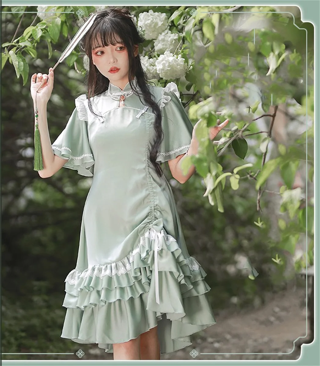 

Chinese Style Elegant Lolita Cosplay Gentle Girls Cheongsam Button Lace Ruffle Puff Sleeve Draw The Rope High Waist Dress