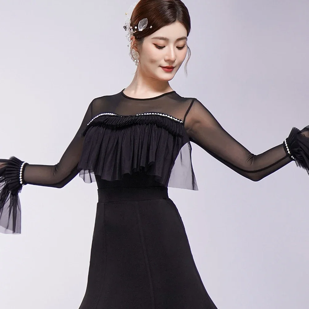 2025 Rose Powder Latin Dance Jumpsuit White Cloud Yarn Dance Practice Long Sleeve Ball Top Round Neck Clothing Women's