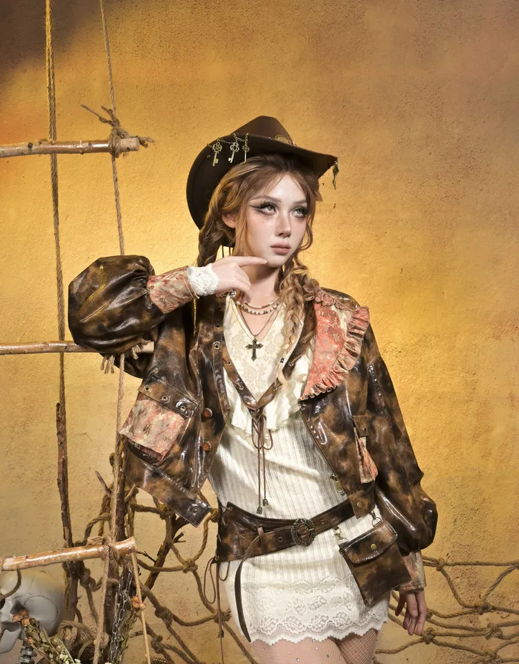 الملابس النسائية Y2k قصيرة سستة طويلة الأكمام سترة جلدية 2025 شتاء جديد اليابانية الشرير نمط تصميم رائع معطف جلد فو #3