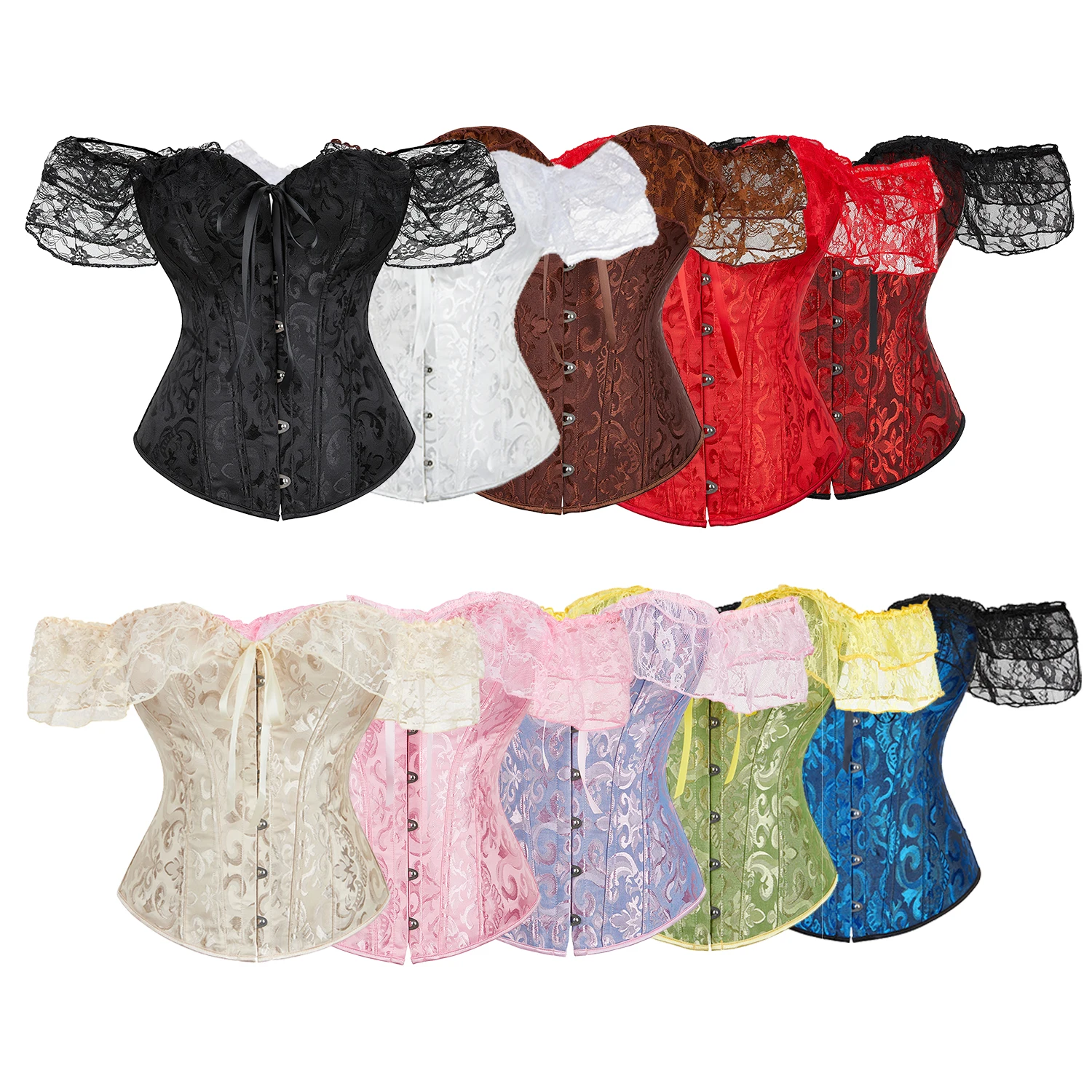 Womens Bustier Overbust Corselet Lace Up Short Sleeve Sheer Party Corset Bluse Costume Crop Top Lace