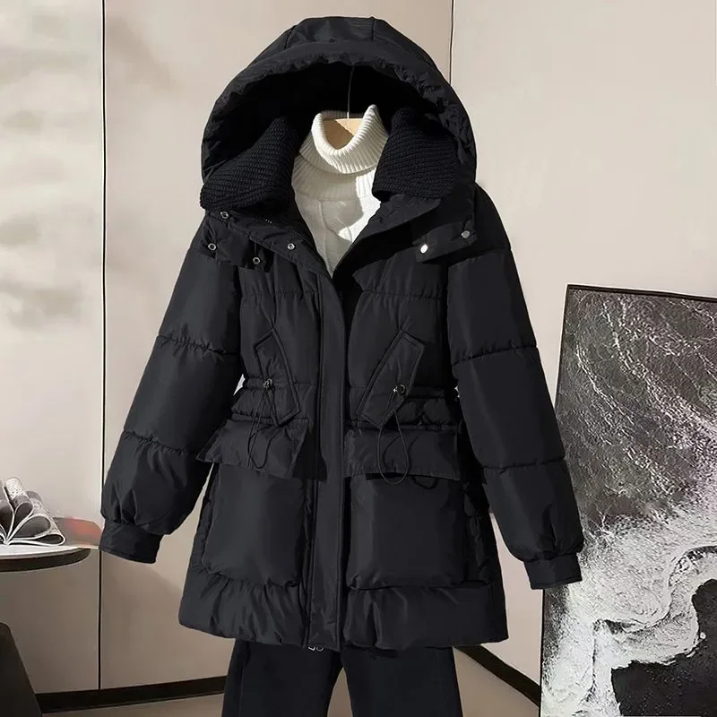 

Women's Mid-Length Knitted Lapel Down Jacket, Winter Overcoat, New Slimming Hooded Cotton Jacket, Thick Windproof Warm Parka