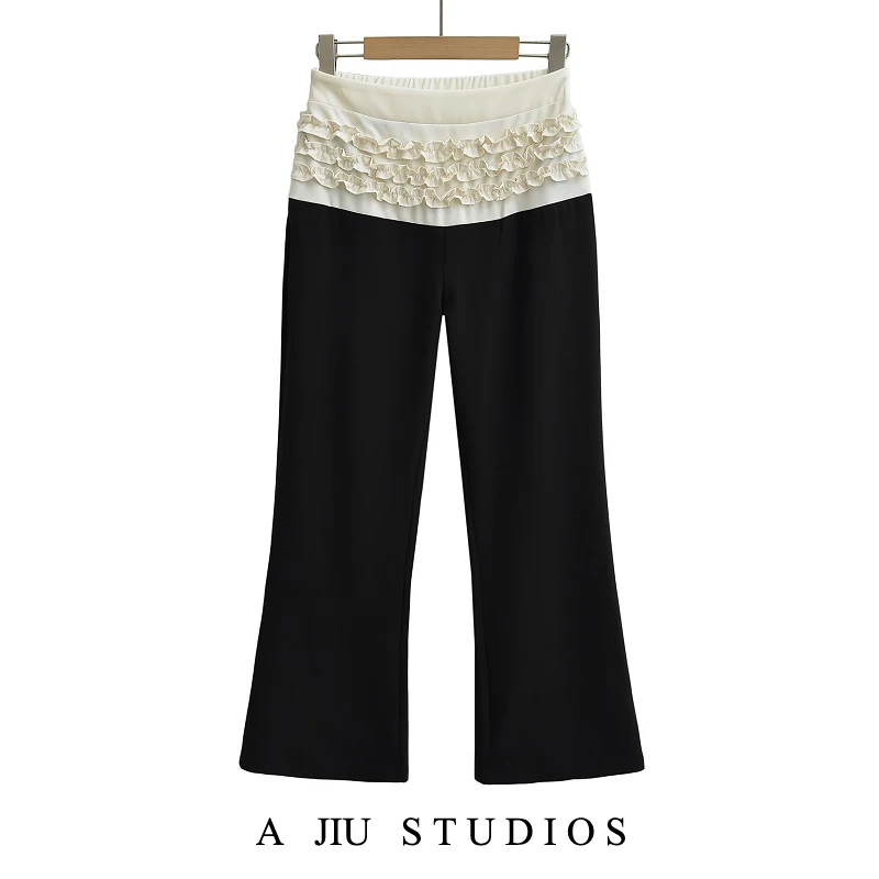 กางเกงลำลองทรงบัลเล่ต์เอวต่ำสไตล์เรโทรอเมริกันสำหรับผู้หญิง กางเกงขากว้างระบายพลิ้วไหวระดับไฮเอนด์ สไตล์สตรีท