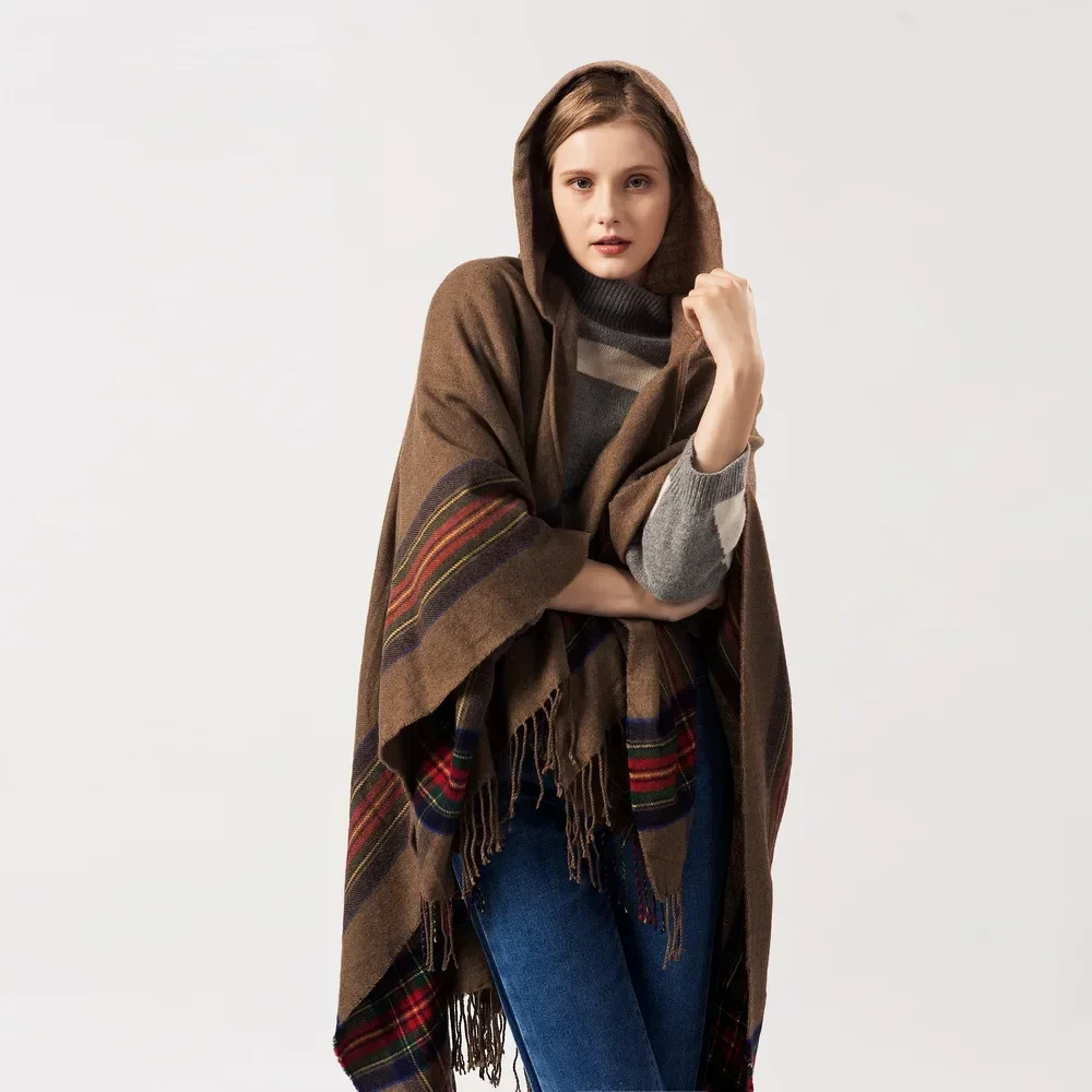 

Winter Thicken Poncho Women Color Striped Imitation Cashmere Jacquard Shawl Hooded Cloak Cape Warm Lengthen 130*150cm