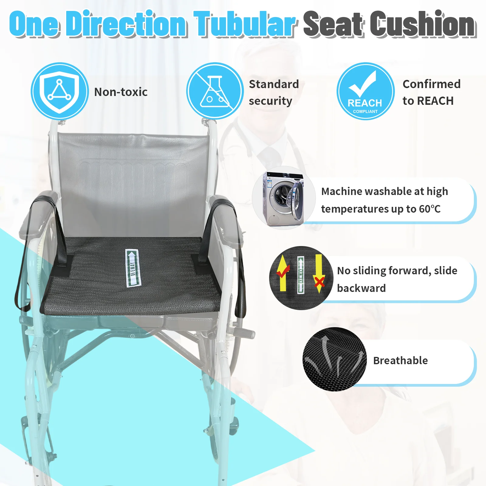 Ehucon Tubular Patient Transfer Seat Cushion with Handles, Anti Slip Reposition Pad, Wheelchair Accessories for Disabled Patient
