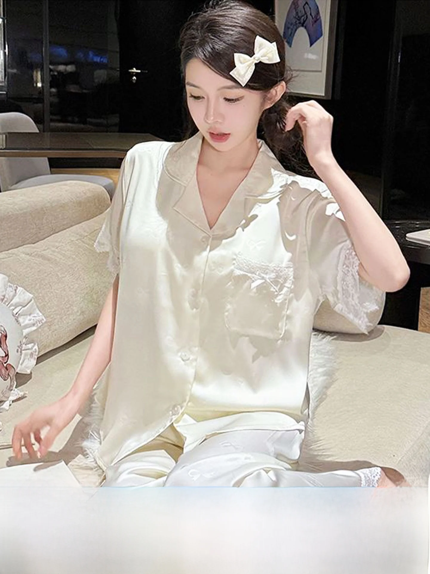 silk-lace-trim-short-sleeve-three-piece-set-women's-summer-design-sleepwear-home-clothes-ensemble-with-chest-pad