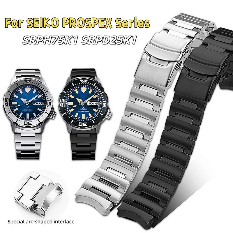 20mm Stainless Steel Watchband for Seiko PROSPEX Series small monsters SRPH75K1/SRPD25K1 Men‘s Bracelet Silver Black Accessories
