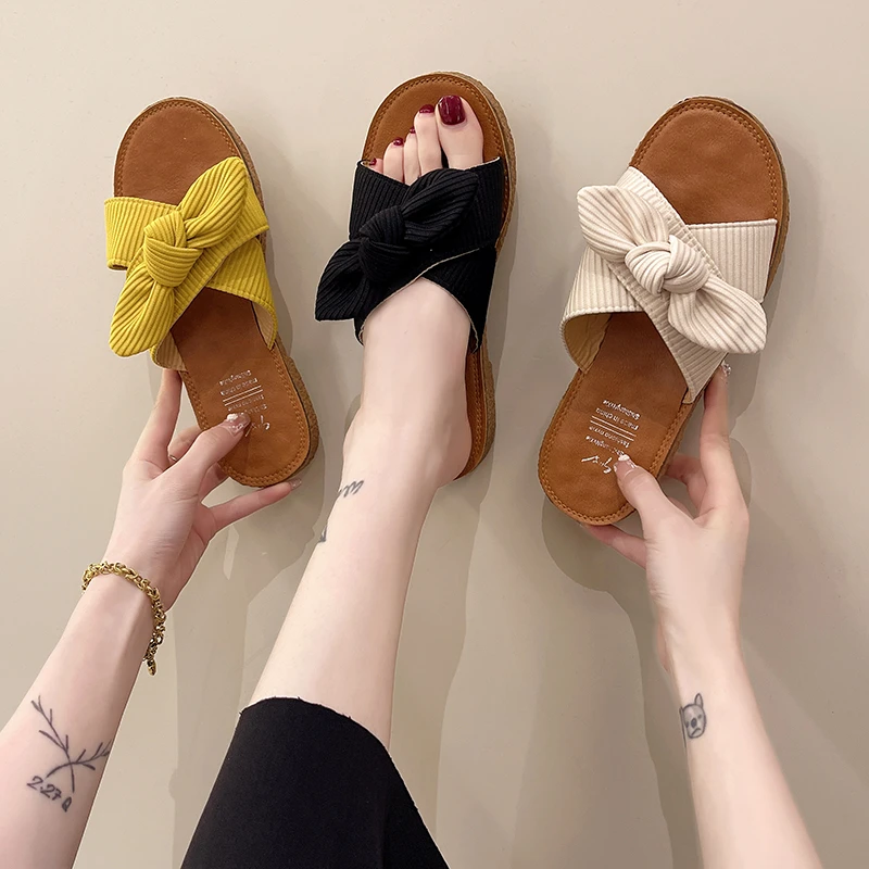 Sandalias planas informales con lazo para mujer, zapatillas de verano, chanclas de verano