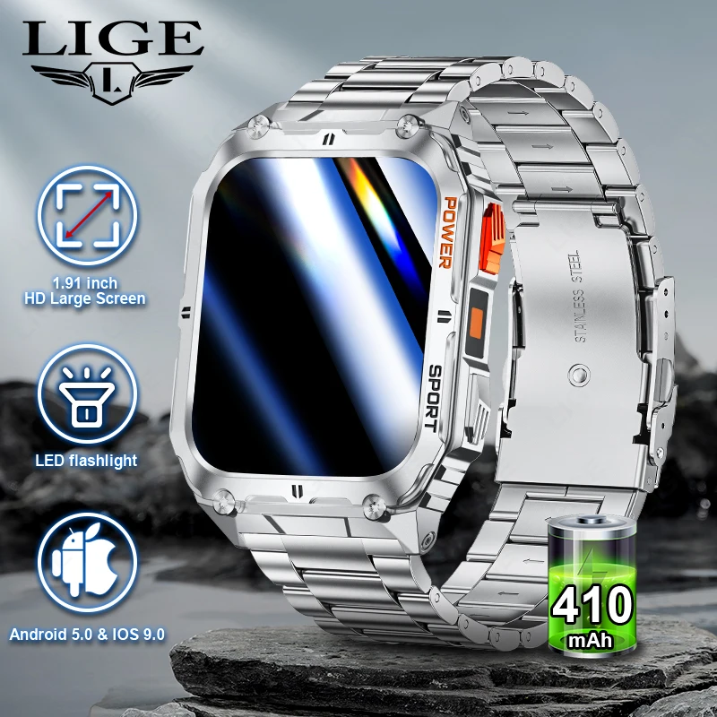 

LIGE New Military Sports Smart Watch Men Flashlight Smartwatch Waterproof Watches Blood Pressure Monitoring Bluetooth Call Clock