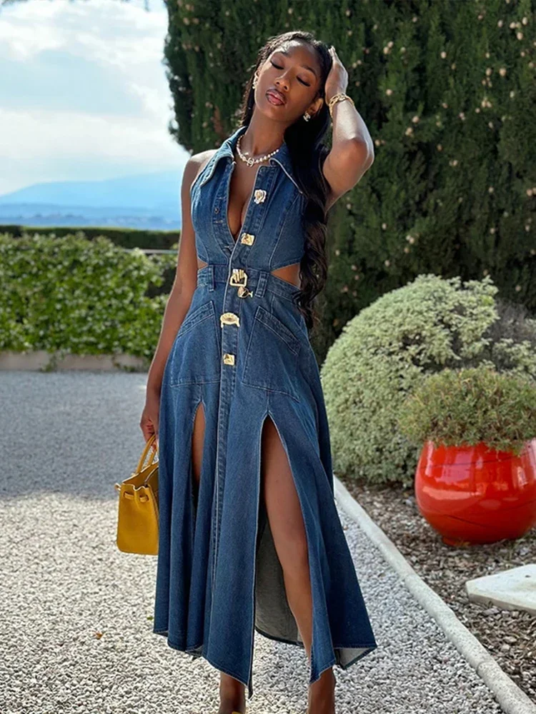 Sexy Denim Hollow Out Women Dress See Through Sleeveless Single Breasted Lapel Side Split Long Dresses 2024 Fashion Pocket Robe