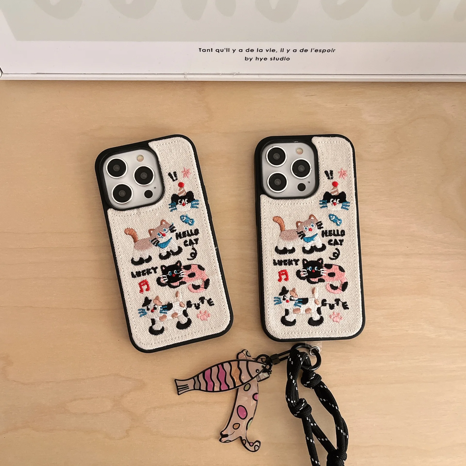 Embroidered Cat Denim Pattern Phone Case For iPhone 16 15 14 13 12 Pro Max Full Cover