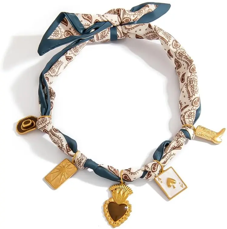 

Ожерелье-шарф с подвеской, ожерелье-бандана с золотыми изящными подвесками - массивный крест, сердце, цветок, ракушка, ботинок, ковбойская шляпа, B