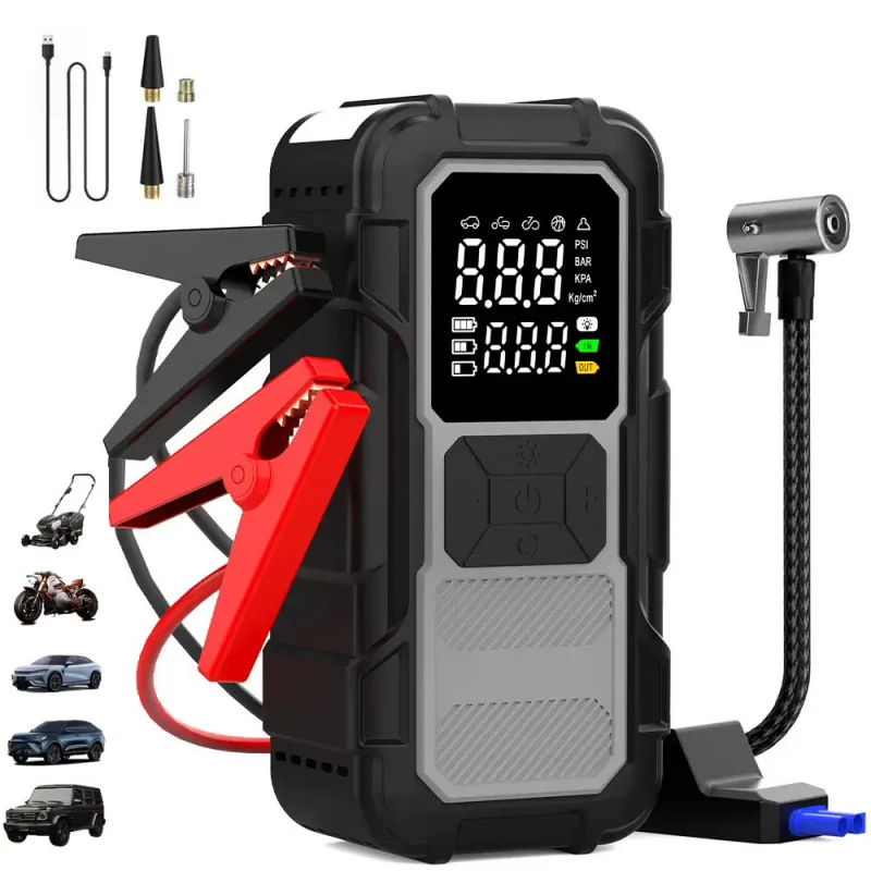 

Портативное пусковое устройство 2-в-1 для автомобиля с воздушным компрессором и функцией Power Bank, зарядное устройство для автомобильного аккумулятора со светодиодным фонариком, быстрая зарядка