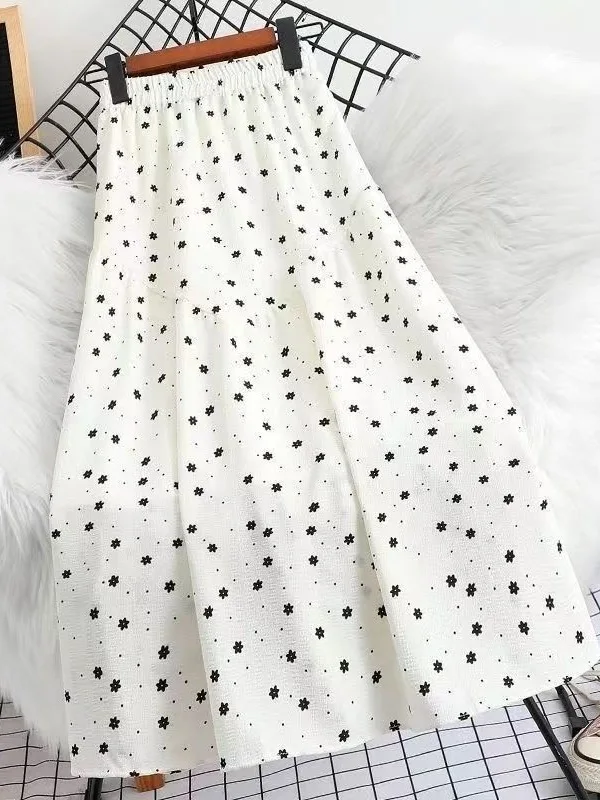 

Black Polka Dot A-Line Midi Skirt Women's Summer Design High Waist Slimming Large Swing Skirt Small Size Ladies Skirts