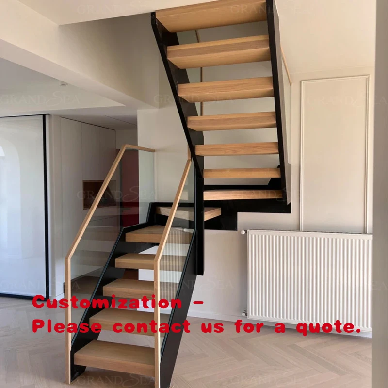 custom.Modern Indoor Straight Stairs Floating Iron and Steel Staircase with Wood Tread and Glass Railing and Apartment