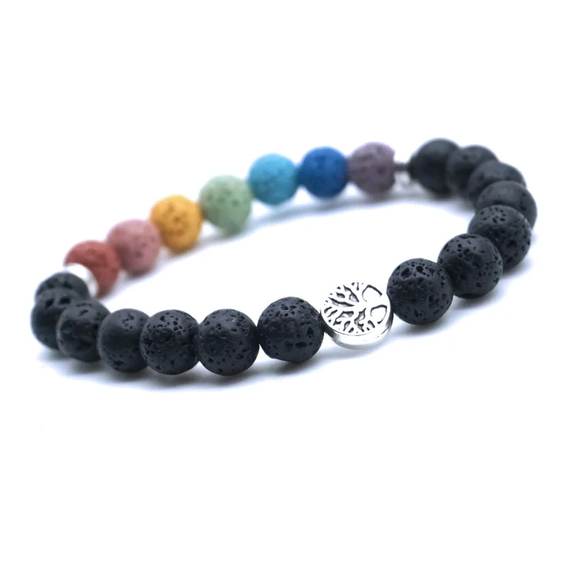 

10pcs Tree of Life 8mm Colorful Seven Chakras Black Lava Stone Bracelet DIY Arom Essential Oil Diffuser Bracelet Yoga Jewelry