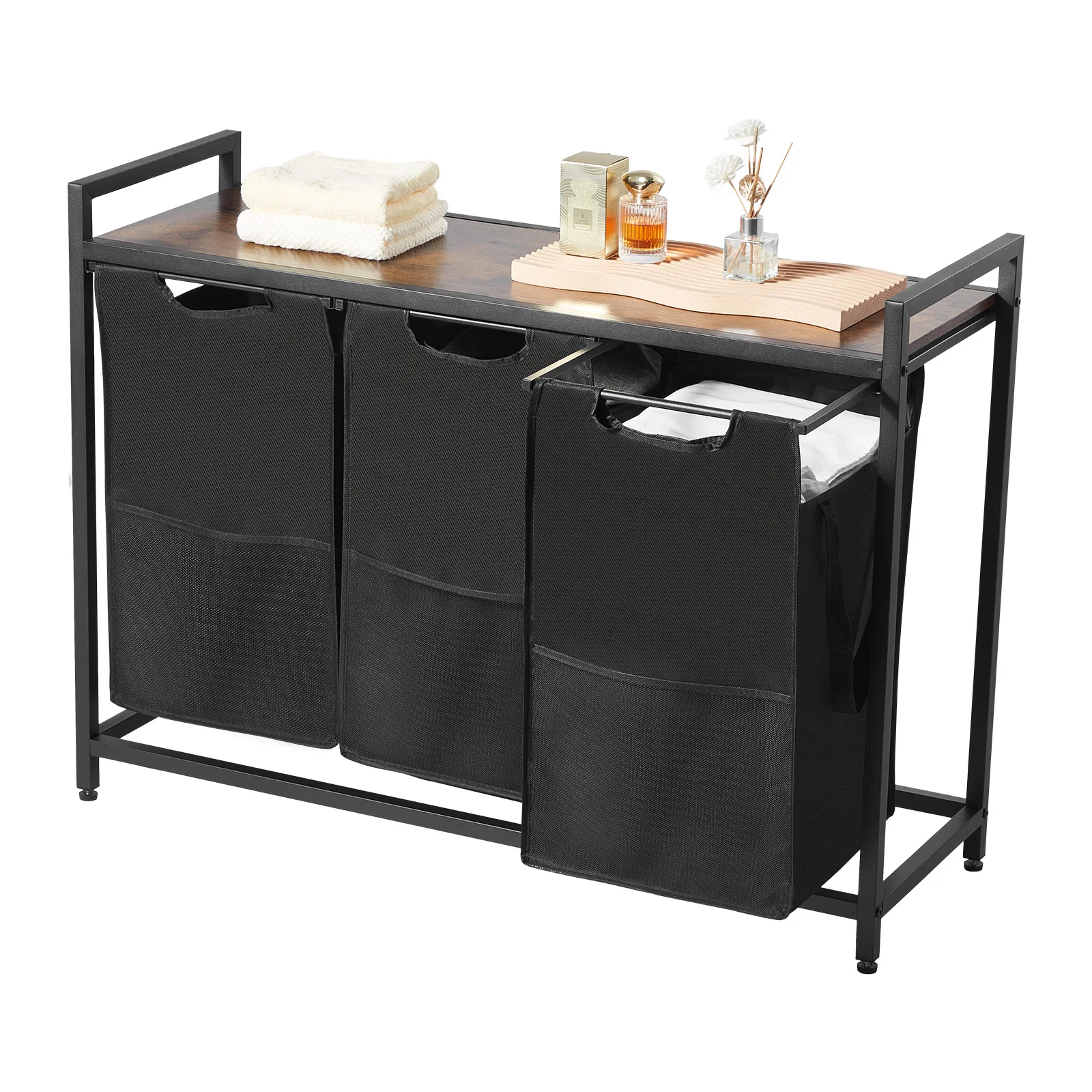 VEVOR Wäschekorb Wäschesammler mit Holztischplatte, Wäschesortierer mit 3 ausziehbaren Beuteln (600D Oxford Stoff) & Metallrahmen, Wäsche-Sortiersystem für schmutzige Kleidung Badezimmer Schwarz