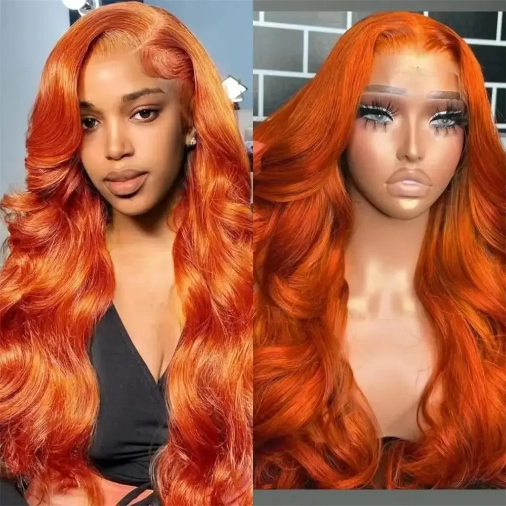 

Парик из натуральных волос Body Wave 30-36 дюймов, имбирно-оранжевый, с прозрачной кружевной передней частью 13x4, для чернокожих женщин