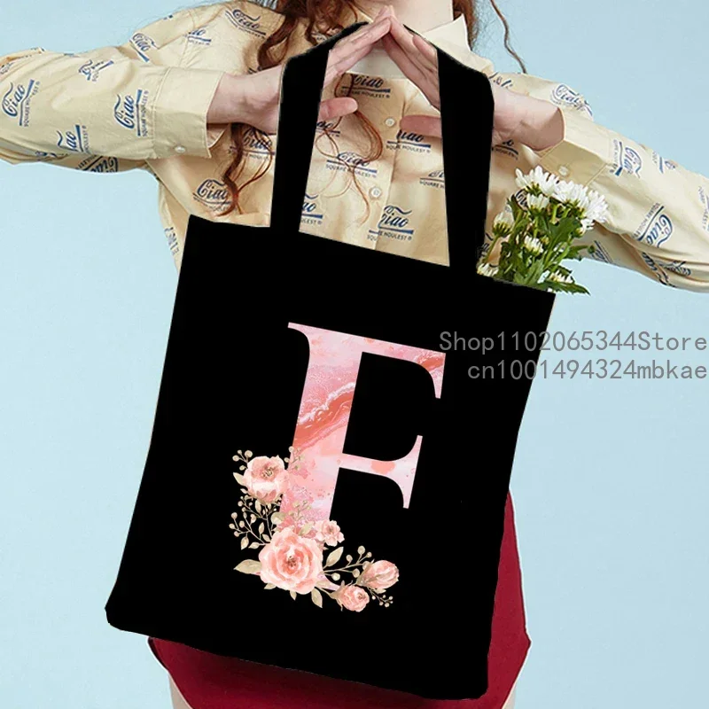 Fashion Trend Black Canvas Handbags Pink Sakura Alphabet Aesthetics Graphic Tote Bag Teenager Student Women Flower Shoulder Bag